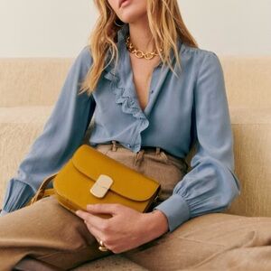 Sézane Light Blue Chlo Shirt – Embroidered High Collar Button-Down, Size 34/XS